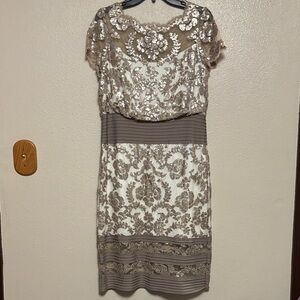 Tadashi Shoji Taupe & Ivory Embroidered Lace Midi Dress